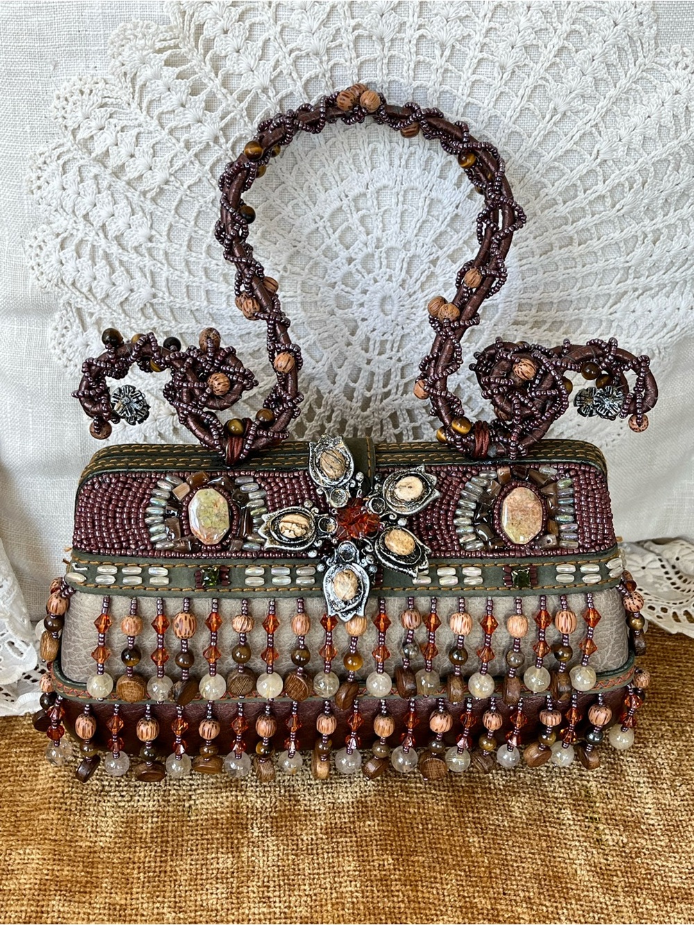 Mary Frances Beaded Vintage Beaded Fringe Hand Bag in Brown, Olive & Copper NWOT